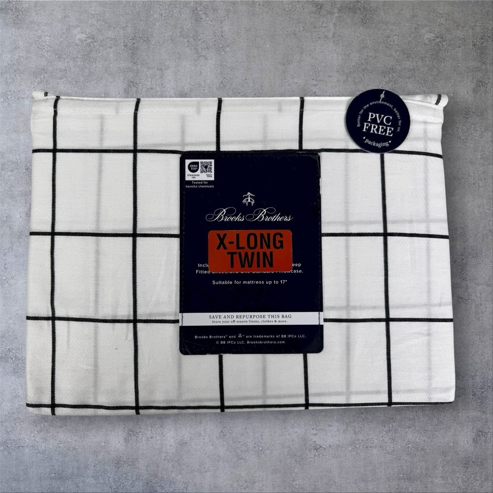Brooks Brothers Twin XL X Long Sheet Set Luxury Cotton White Black‎ Grid Plaid